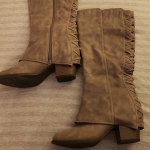 Fergalicious by Fergie low heel suede/tan knee high boots